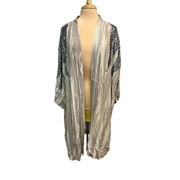 Haute Hippie Kimono Women 1X Taupe Excellent Sequin Embellished Open Front - Picture 1 of 4